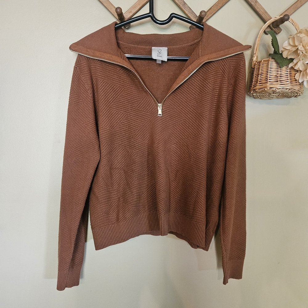 Sioni Brown Quarter-Zip Pullover Sweater Women’s Large Gold Zipper V-Neck Fall